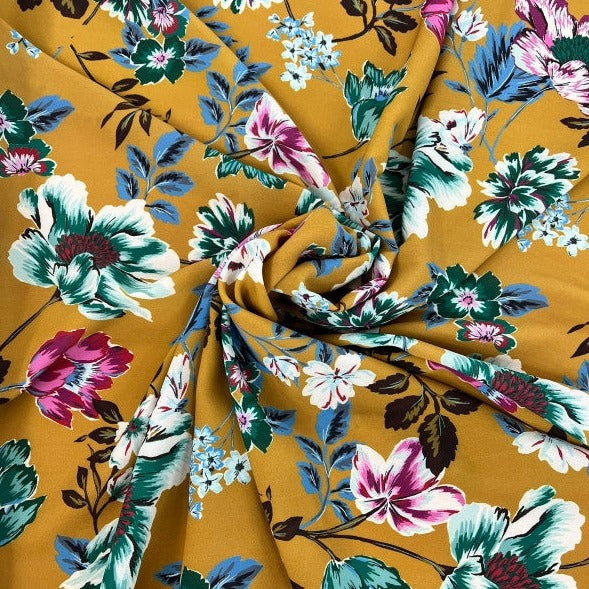 Crepe floreale base senape Diffusione Tessuti Crepe floreale base senape
