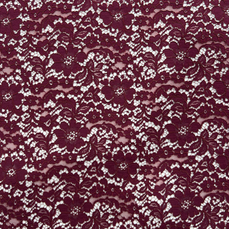 Pizzo Chantilly seta smerlato fiori bordeaux Diffusione Tessuti Pizzo Chantilly seta smerlato fiori bordeaux