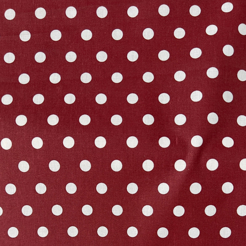 Tessuto Cotone Resinato a Pois Bianchi su Sfondo Bordeaux