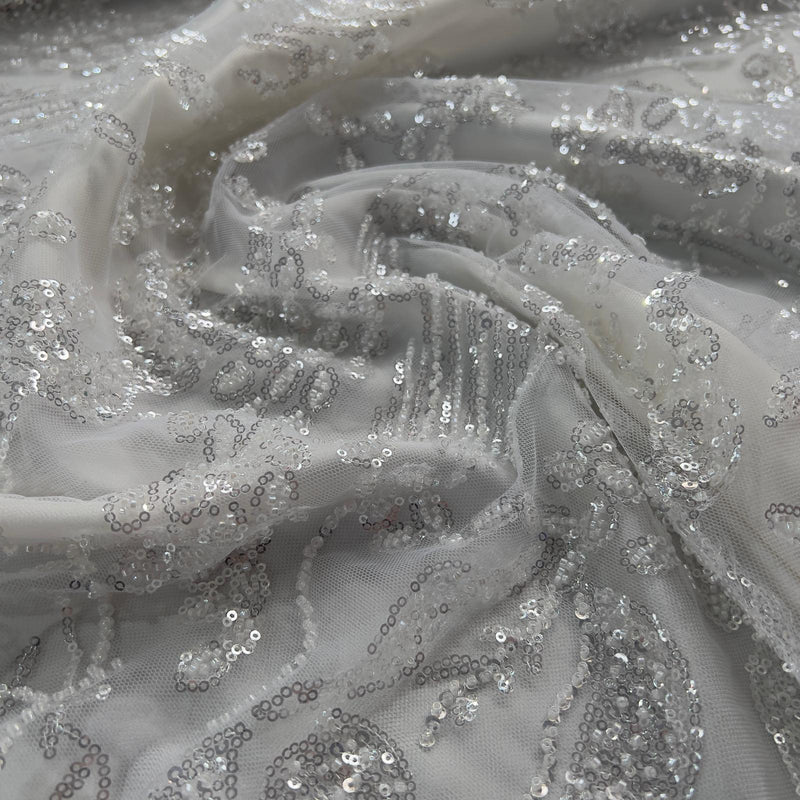 Pizzo Alta Moda perline e paillettes bianco ottico Diffusione Tessuti Pizzo Alta Moda perline