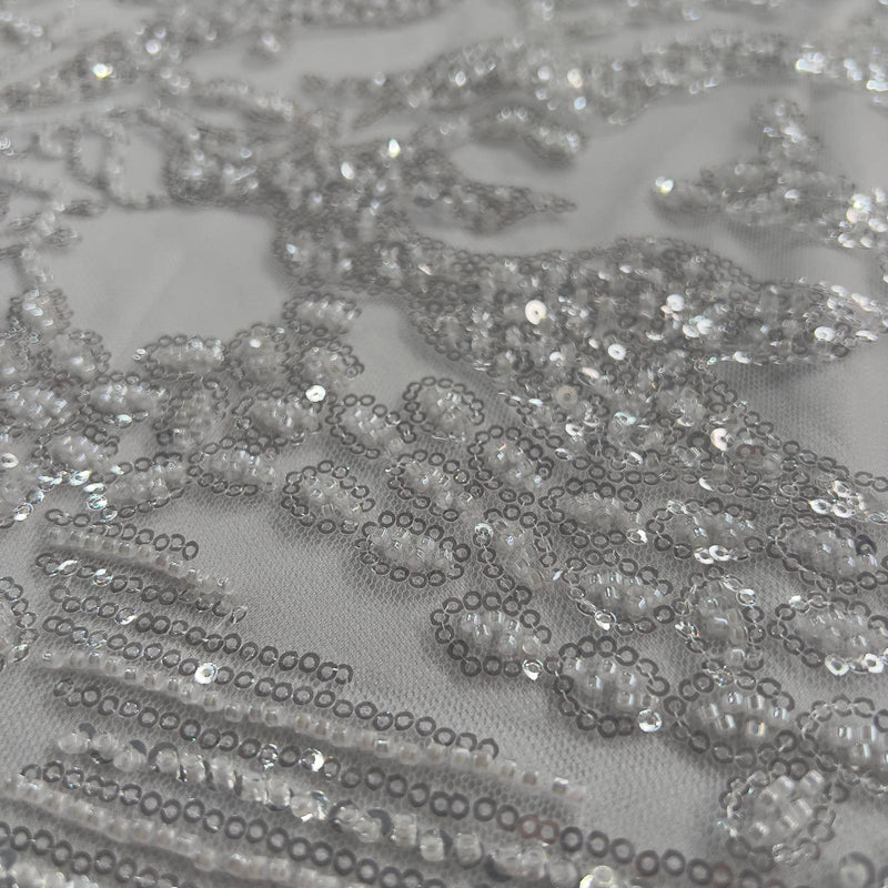 Pizzo Alta Moda perline e paillettes bianco ottico Diffusione Tessuti Pizzo Alta Moda perline