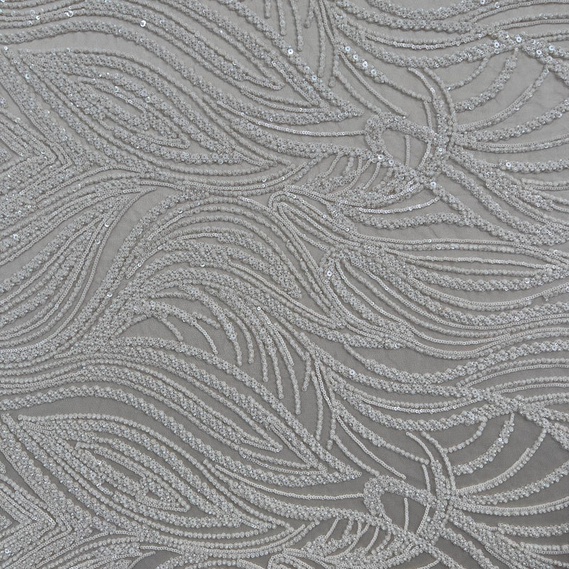 Pizzo Alta Moda perline e paillettes su tulle champagne Diffusione Tessuti Pizzo Alta Moda perline