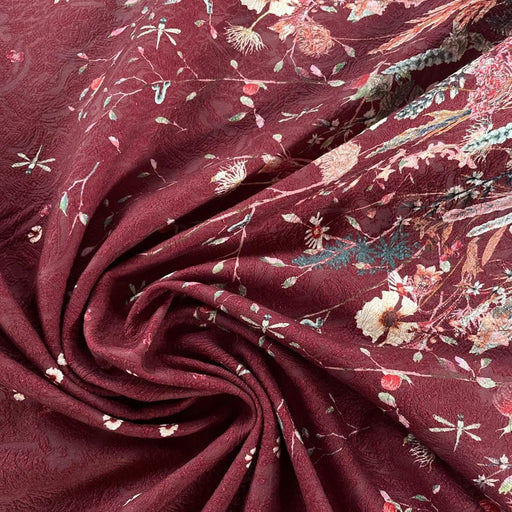 Cotone Damascato con Fantasia Floreale a Pannelli 90 cm - Bordeaux - Diffusione Tessuti